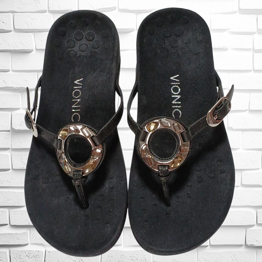 Vionic Ricci Black Leather Orthotic Thong Sandals, Size 7Wide, Adj. Buckle Strap